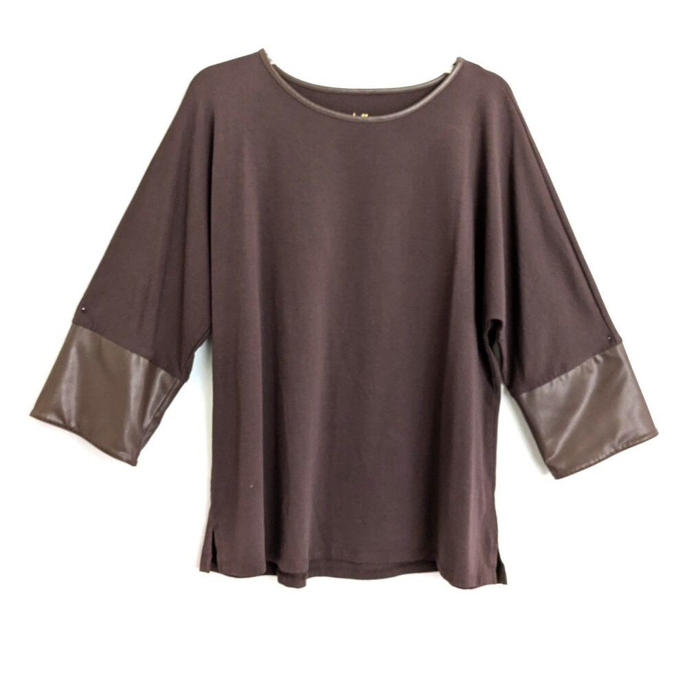 Belle by Kim Gravel TripleLuxe Knit Top with Faux Leather Cuffs M Stretch